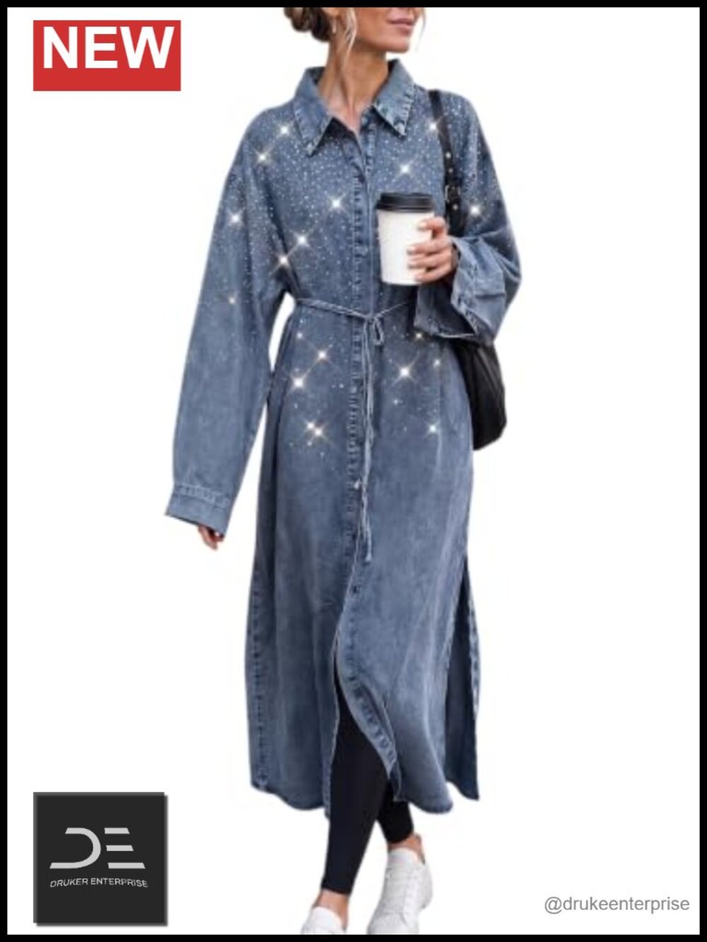Rhinestone Button Down Denim Shirt Midi Dress Lyocell Long Sleeve
